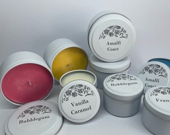 COLOURED 4oz (90 grams) 100% SOY Wax TIN Candles in Black White Gold Silver
