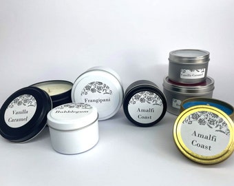 COLOURED 8oz (190 grams) 100% SOY Wax TIN Candles in Black White Gold Silver