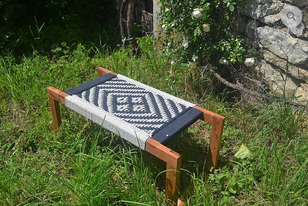 Banc Design, 90 X 50 40 cm, Noir et Blanc, Tressage Façon Charpoy