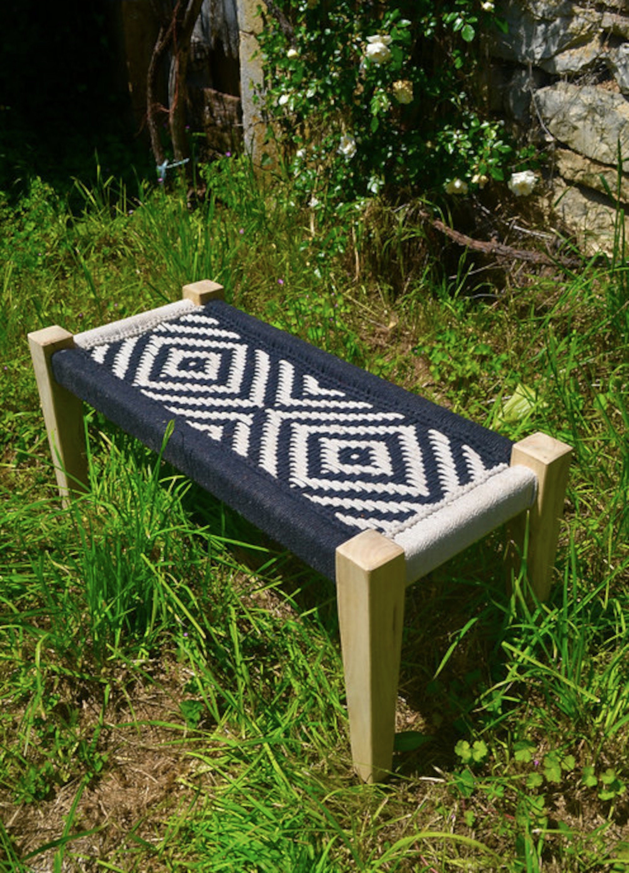 Banc Façon Charpoy, 80 X 40 42 cm, Noir et Blanc, Banquette Indienne