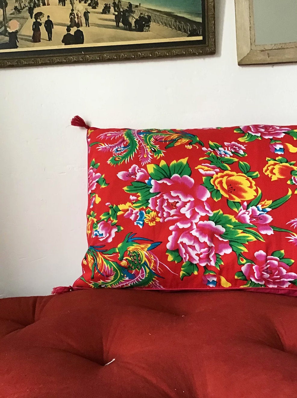 Housse de Coussin Tissu Chinois/Motifs Rouge/Tissu Pivoines