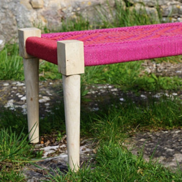 Banc, 80 x 40 cm, indien charpoy, rose et orange, pieds droits arrondis, banquette