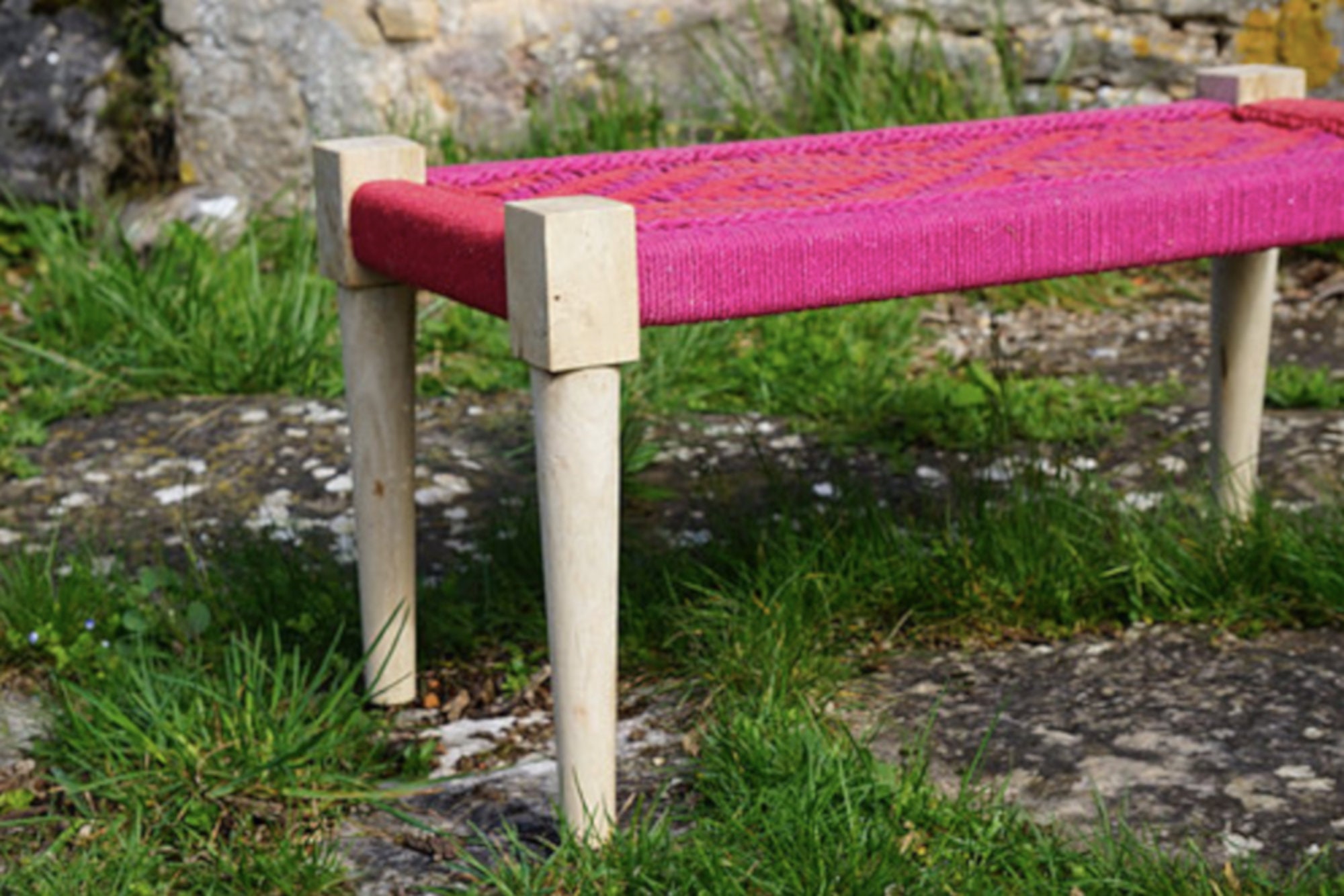 Banc, 80 X 40 cm, Indien Charpoy, Rose et Orange, Pieds Droits Arrondis, Banquette