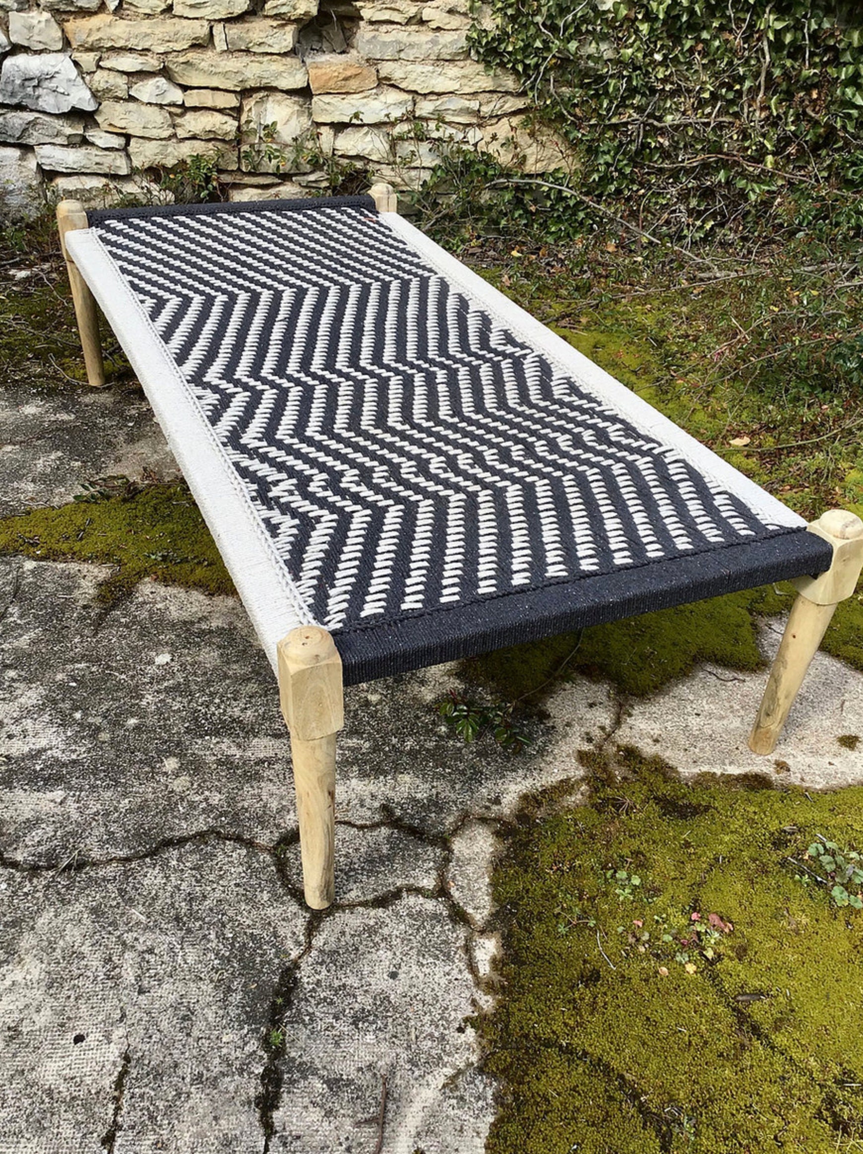 Charpoy 190 X 90 cm, Corde Coton Tressée Noir et Blanche, Bois Clair, Daybed