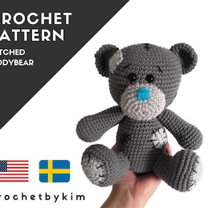 May include: Crochet pattern for a gray patched teddy bear. The pattern is available in English and Swedish. The pattern is available on the website crochetbykim.com.