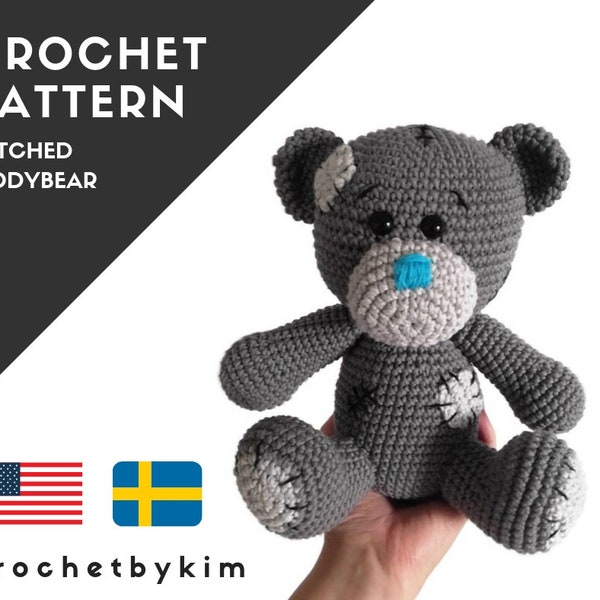 AMIGURUMI CROCHET PATTERN • Patched Teddybear • ours amigurumi • ours gris • jouet en peluche • ours en peluche fait à la main • modèle numérique pdf