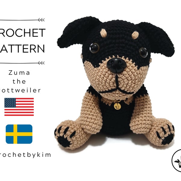 PATRÓN DE GANCHILLO AMIGURUMI • Rottweiler • Perro amigurumi • Zuma el Rottweiler • Cachorro Crochet • Patrón fácil • Patrón de ganchillo Rottweiler