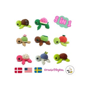 May include: Eight crochet turtle amigurumi patterns. The turtles are in various colors and designs, including watermelon, strawberry, ice cream, and flowers. The patterns are available in Danish, American, and Swedish languages. The text "8 in 1" is in a pink cloud shape.