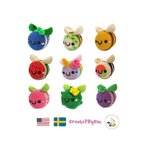May include: Ten crocheted stuffed toys in the shape of bees and fruits. The toys are all smiling and have different colors and patterns. The toys are arranged in three rows of three. The toys are all about 3 inches tall.
