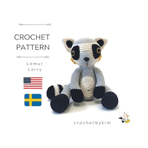 May include: Crochet pattern for a gray and black lemur named Larry. The pattern is available in English and Swedish. The pattern is by crochetbykim.