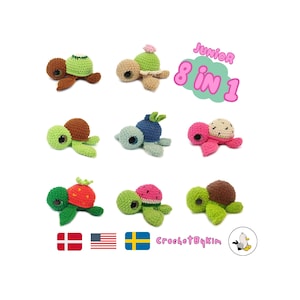 May include: Eight crochet turtle amigurumi patterns, each with a different fruit design. The patterns include a kiwi, pineapple, blueberry, watermelon, strawberry, and three different colored turtles. The patterns are available in a digital download format. The text "Junior 8 in 1" is displayed in a pink cloud.