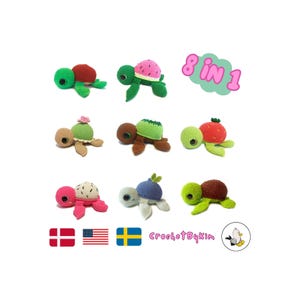 May include: A collection of eight crocheted turtle toys with various colored shells, including patterns resembling fruit and desserts. The image features the text 8 IN 1 and CrochetByKim, along with the flags of Denmark, the United States, and Sweden.
