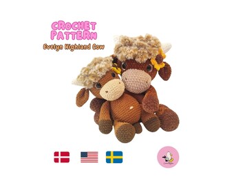 PATRÓN DE GANCHILLO AMIGURUMI • Vaca Evelyn Highland • Patrón de costura baja • Hilo de chenilla • CrochetByKim • pdf
