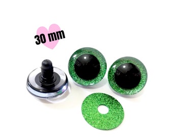 Big Green 3D Glitter SAFETY EYES 30 mm • Tiktok amigurumi eyes • Safety Eyes with Plastic Backs for Teddy Bear • Animal Soft Toy Making