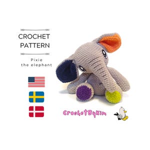 Può includere: Schema all'uncinetto per un giocattolo di amigurumi elefante grigio chiamato "Pixie the elephant". L'elefante ha accenti blu, arancio, viola e giallo. Lo schema è disponibile in inglese, svedese e danese.