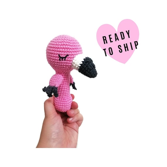 Handmade crochet flamingo rattle handle • amigurumi bird toy • teethering • baby teething ring • natural baby toy • rassel • READY TO SHIP
