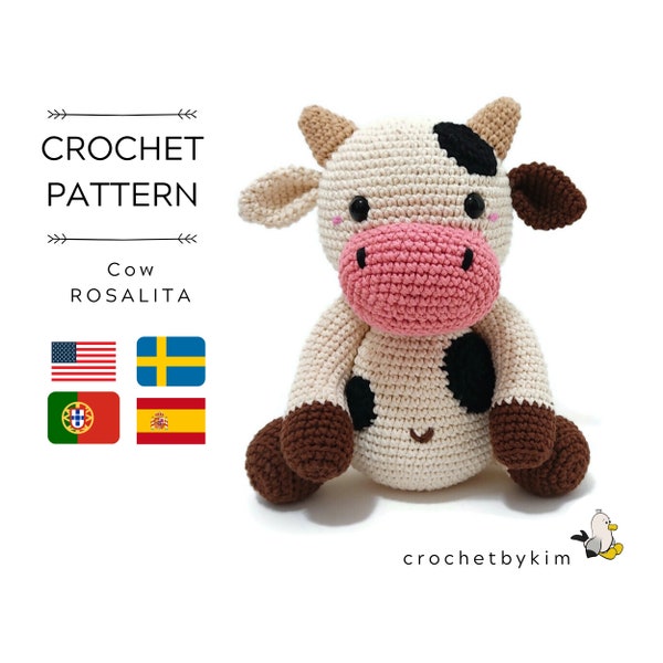 AMIGURUMI CROCHET PATTERN • Rosalita the cow • Amigurumi pattern • Farm animal • Cow toy pattern • Swedish animals • CrochetByKim • pdf