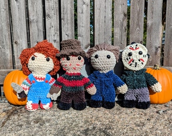 Creepy & Cozy Crochet - Horror Icons - Classic Slasher - Handmade - Halloween - Michael - Freddy - Jason - Chucky