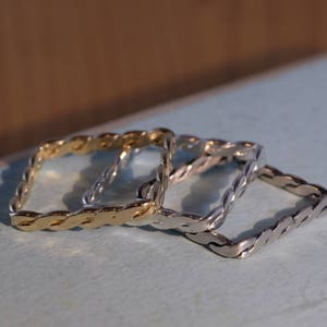 Stacking Ring Set, Minimalist Braided Gold Ring, Twisted 925 Sterling Silver Ring, Square Shaped Oxidized Silver Ring