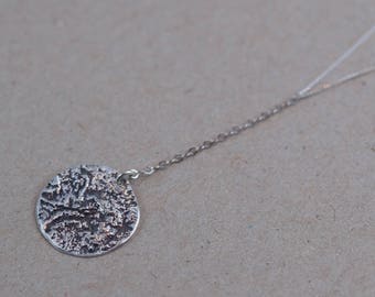 Silver Moon Necklace, Textured Silver Circle Charm Necklace, Sterling Layering Statement Necklace, Long Oxidized Silver Dainty Necklace