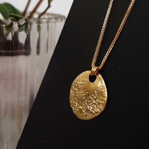 Long Gold Moon Necklace, Gold Medallion Necklace, Solid 14K Yellow Gold Charm Necklace, Layering Disc Necklace, 14K Gold Coin Necklace image 1