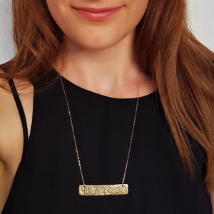 Textured Gold Bar Necklace, Geometric Statement Necklace, Minimalist Boho Layering Necklace, 18K Gold Rectangle Pendant, Fashion Jewelry image 1