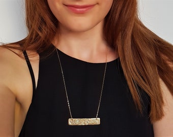 Textured Gold Bar Necklace, Geometric Statement Necklace, Minimalist Boho Layering Necklace, 18K Gold Rectangle Pendant, Fashion Jewelry