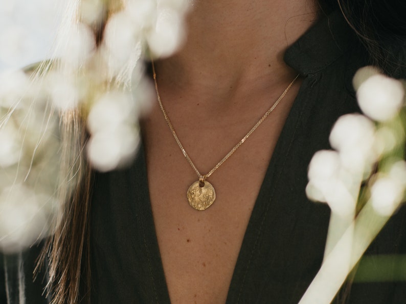 Charm Only, Gold Medallion Pendant, Gold Moon Pendant, Solid 14K Yellow Gold Charm, Layering Disc Necklace, Solid Yellow 14K Gold Coin image 4