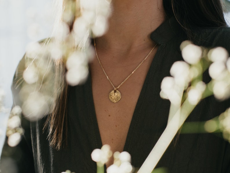 Long Gold Moon Necklace, Gold Medallion Necklace, Solid 14K Yellow Gold Charm Necklace, Layering Disc Necklace, 14K Gold Coin Necklace image 6