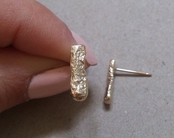 14K Yellow Gold Bar Stud Earrings, Textured Minimalist Jewelry