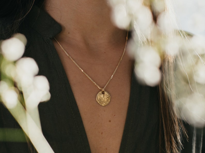 Long Gold Moon Necklace, Gold Medallion Necklace, Solid 14K Yellow Gold Charm Necklace, Layering Disc Necklace, 14K Gold Coin Necklace image 4