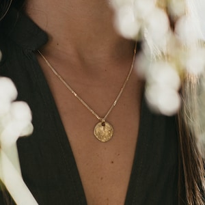 Long Gold Moon Necklace, Gold Medallion Necklace, Solid 14K Yellow Gold Charm Necklace, Layering Disc Necklace, 14K Gold Coin Necklace
