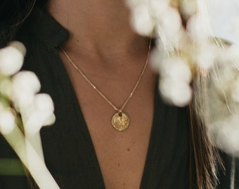 Long Gold Moon Necklace, Gold Medallion Necklace, Solid 14K Yellow Gold Charm Necklace, Layering Disc Necklace, 14K Gold Coin Necklace