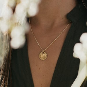 Long Gold Moon Necklace, Gold Medallion Necklace, Solid 14K Yellow Gold Charm Necklace, Layering Disc Necklace, 14K Gold Coin Necklace image 2