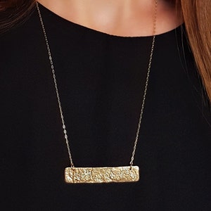 Textured Gold Bar Necklace, Geometric Statement Necklace, Minimalist Boho Layering Necklace, 18K Gold Rectangle Pendant, Fashion Jewelry image 2