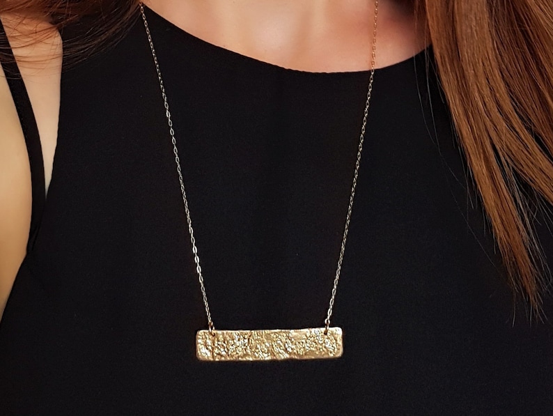 Textured Gold Bar Necklace, Geometric Statement Necklace, Minimalist Boho Layering Necklace, 18K Gold Rectangle Pendant, Fashion Jewelry image 2