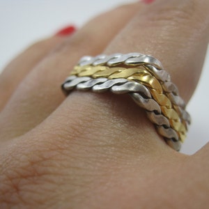 Braided Ring Set, Everyday Minimalist Stacking Gold Ring, Twisted 925 Sterling Ring, Square Shaped Oxidized Silver Ring