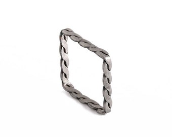 Braided Oxidized Silver Ring, Twisted 925 Sterling Silver Ring, Square Shaped Stacking Ring Set, Everyday Minimalist Ring,