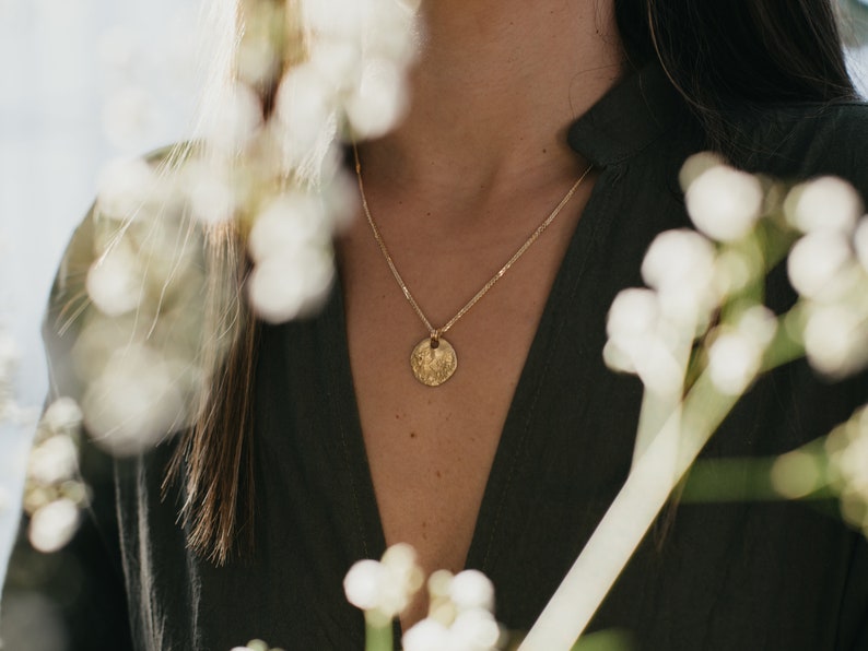 Long Gold Moon Necklace, Gold Medallion Necklace, Solid 14K Yellow Gold Charm Necklace, Layering Disc Necklace, 14K Gold Coin Necklace image 3