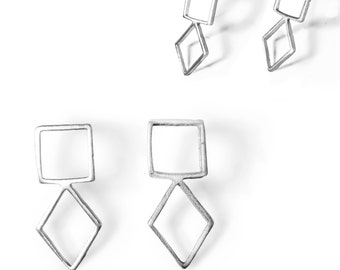 Silver Stud Earrings, Small Silver Earrings, Square Shaped Earrings, Sterling Silver Jewelry, Geometric Flat Post Earrings, Everyday Earring