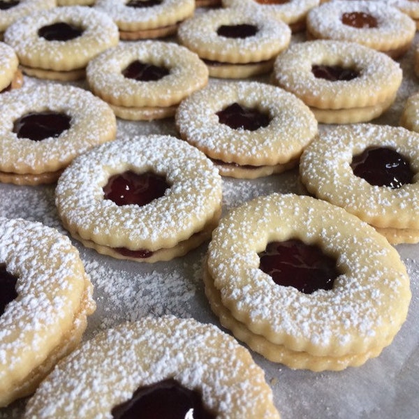 A Dozen of Homemade German Linzer Cookies (original German size - 2 inch size), made from scratch - your own choice of jelly