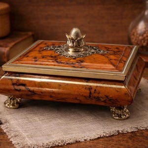 May include: A decorative wooden box with a hinged lid, featuring gold-coloured metal trim and ornate accents. The box has a warm, reddish-brown finish with a marbled pattern. It rests on four decorative feet. A small, round basket and a book are in the background.