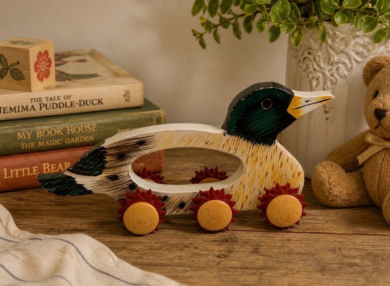 Vintage Wood Duck on Wheels - Etsy
