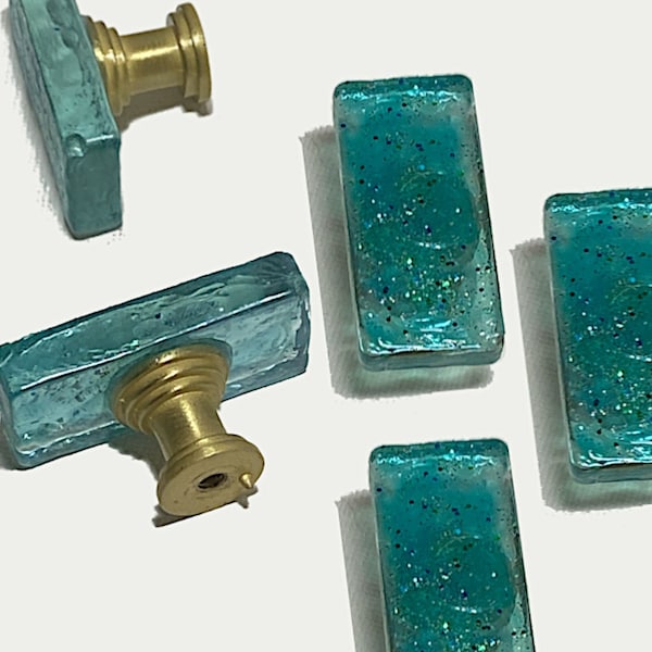 Oceanic Opulence: Sea Blue Glass Knobs with Golden Stems - Sparkling Drawer, Bathroom Cabinet & Dresser Accents, Choose From 6 Stem Colors