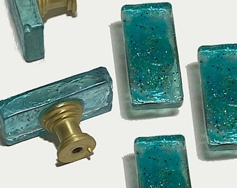 Sea Blue Glass Knobs with Golden Stems, Glittery Like the Ocean, Drawer Knobs, Kitchen Cabinet Knobs, Dresser Knobs Custom Furniture Knobs