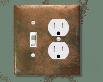 Handcrafted Switch Plate Covers: Simulated Aged Copper with Blue-Green Verdigris Patina - Metal or Plastic-Duplex-Outlet Light Switch Covers