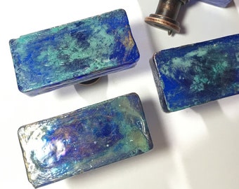 Blue Glass Knobs, Royal Blue w/ Green Patina-Antique Copper Stems, Drawer Knobs, Kitchen Cabinet Knobs, Dresser Knobs Custom Furniture Knobs