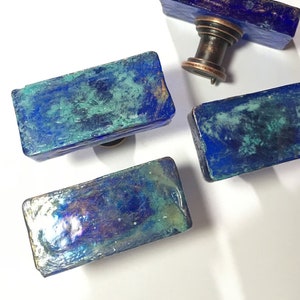 Blue Glass Knobs, Royal Blue w/ Green Patina-Antique Copper Stems, Drawer Knobs, Kitchen Cabinet Knobs, Dresser Knobs Custom Furniture Knobs