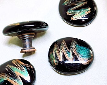 Black Stone Knob w/Iridescent Swishes of Color, Black Ebony with Antique Copper Stems, Dresser Knobs, Drawer Knobs, Kitchen Cabinet Hardware