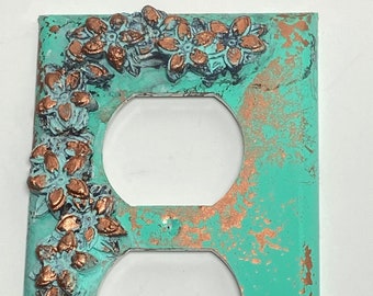 Couvercle de plaque d'interrupteur de beauté baroque : roses cuivrées sur turquoise | Couvercle de prise, plaque d'interrupteur électrique - Décoration murale élégante